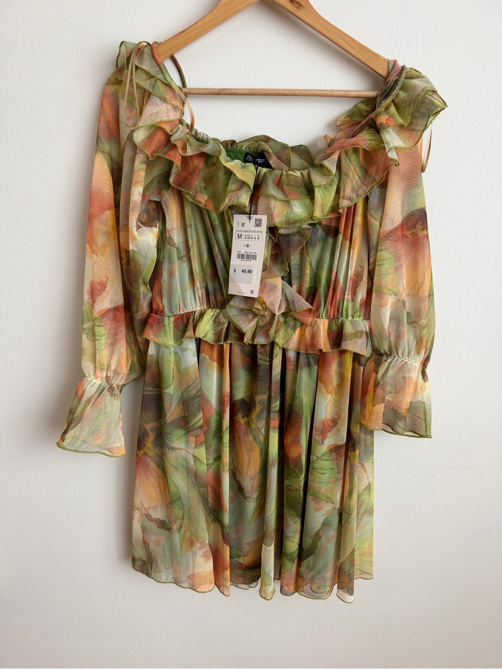 Zara Sheer Ruffled Floral Mini Dress in Green & Peach